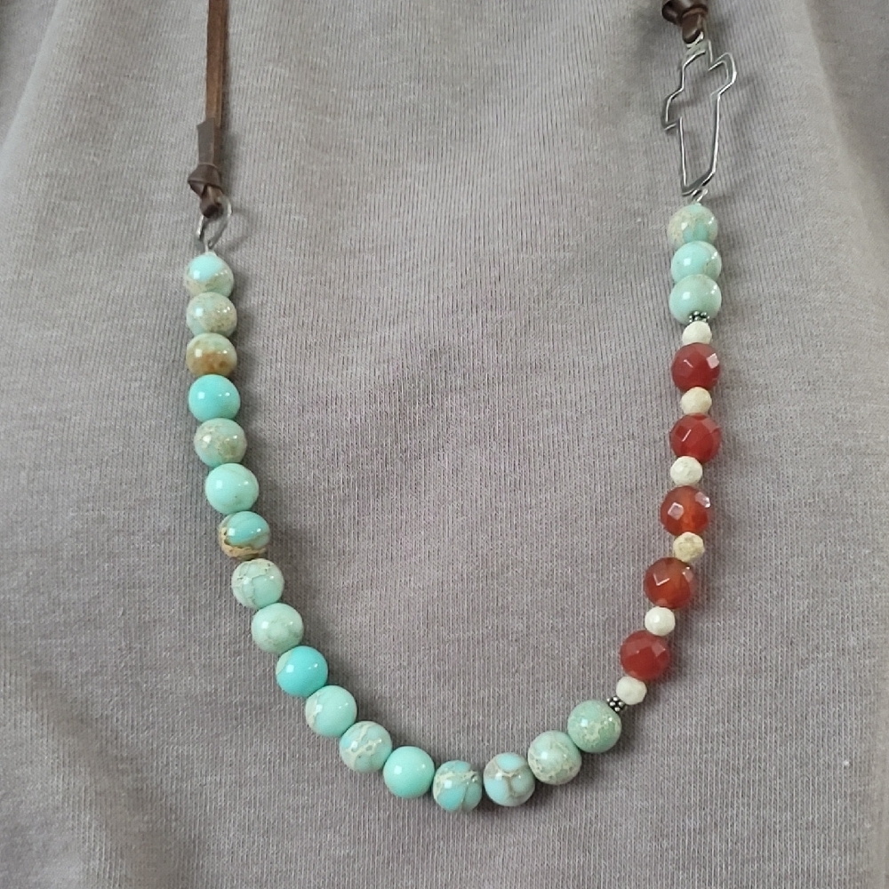 Holly Lane Liggt Blue Natural Stone and Red Beaded Necklace